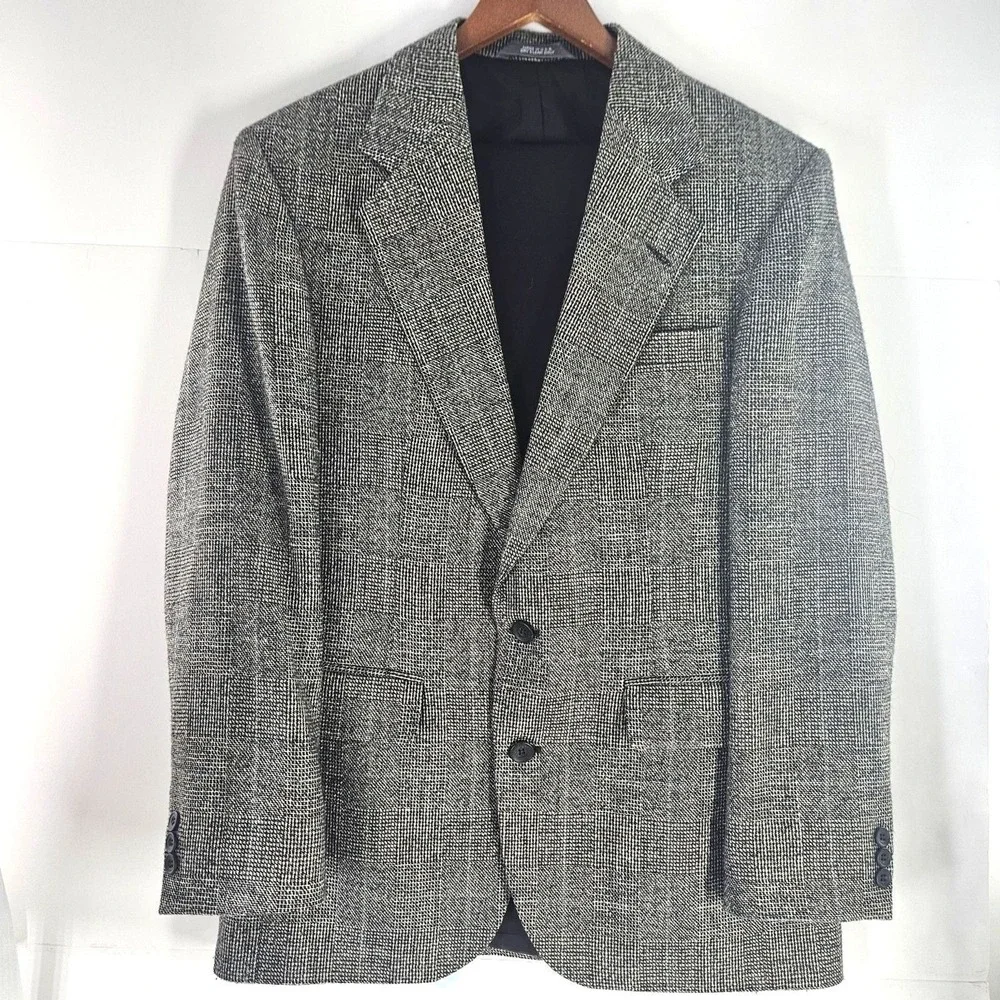 Vtg 90s Haggar Black White Blue Plaid Wool Tweed Sports Coat Blazer Med ~40R USA